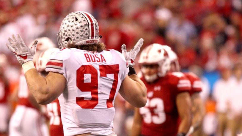 Ohio State’s Nick Bosa celebrates a tackle against Wisconsin on Dec. 2, 2017, at Lucas Oil Stadium in Indianapolis. David Jablonski/Staff