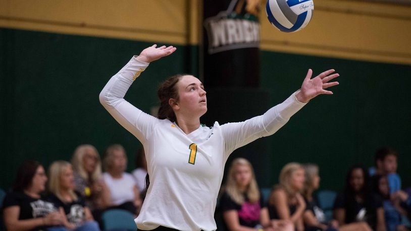 Wright State’s Jenna Story hits a serve during a match earlier this season vs. Western Illinois. PHOTO COURTESY OF WRIGHT STATE ATHLETICS