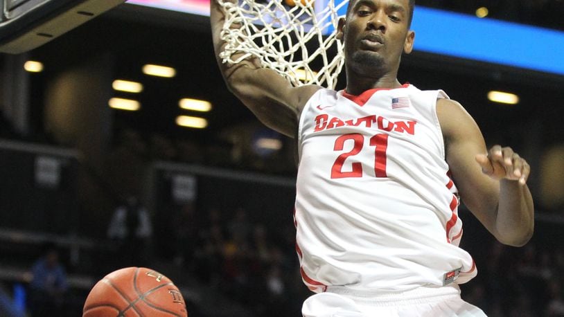 Dayton's Dyshawn Pierre dunks against St. Joseph's in the semifinals of the Atlantic 10 tournament on Saturday, March 12, 2016, at the Barclays Center in Brooklyn, N.Y. David Jablonski/Staff