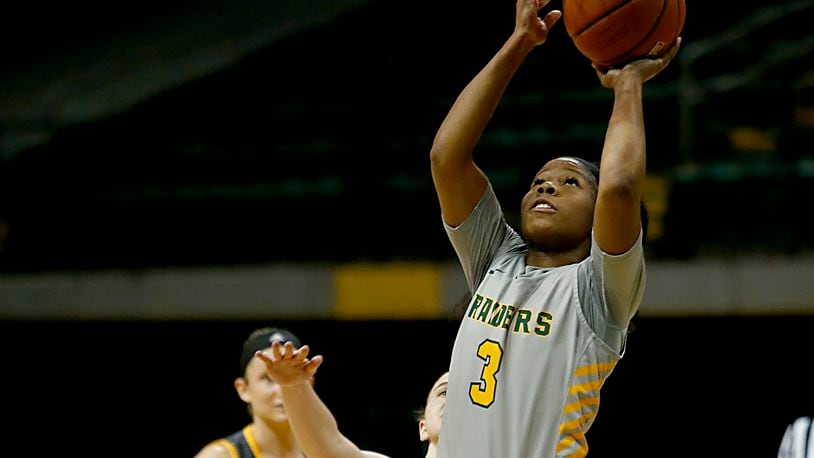 Wright State guard Jada Roberson scores against Northern Kentucky during a Horizon League quarterfinal at the Nutter Center in Fairborn Mar. 2, 2021. Wright State won 74-56. E.L. Hubbard/CONTRIBUTED