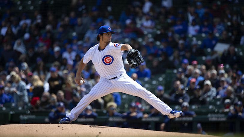 Chicago Cubs starting pitcher Yu Darvish throws during the first inning against the Milwaukee Brewers on Friday, April 27, 2018, at Wrigley Field in Chicago, Ill.  (Erin Hooley/Chicago Tribune/TNS)