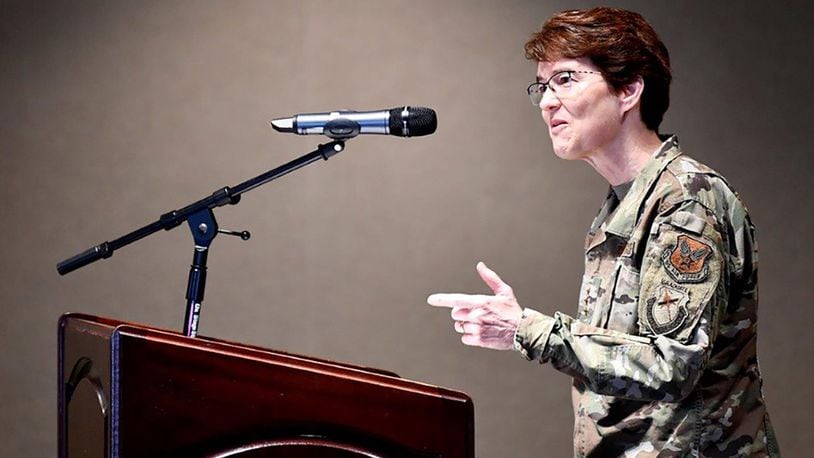 Lt. Gen. Jacqueline Van Ovost, director of Staff, Headquarters Air Force, provides remarks during the inaugural Air Force Materiel Command Women’s Leadership Symposium. The 2-day event drew more than 250 attendees from across the command, with keynote speakers, issue-focused panels and collaborative networking discussions designed to empower women to help foster workplace environments that embrace diversity and promote leadership growth throughout the organization. (Contributed photo)