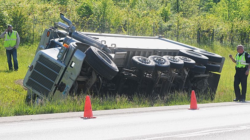 Dump truck overturned on U.S. 35 West between North Fairfield Road and I-675, Beavercreek Monday May 16, 2016. (Marshall Gorby/Staff)