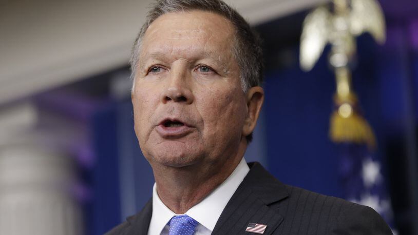 FILE - In this Friday, Sept. 16, 2016, file photo, Ohio Gov. John Kasich speaks during the daily news briefing at the White House in Washington. Kasich announced Friday, Oct. 14, 2016, that he was suspending Wells Fargo from doing business with state agencies, and excluding the bank from participating in any state bond offerings. The bank has been under fire after allegations came to light that Wells employees may have opened up to 2 million customer accounts fraudulently in order to meet sales goals. (AP Photo/Carolyn Kaster, File)
