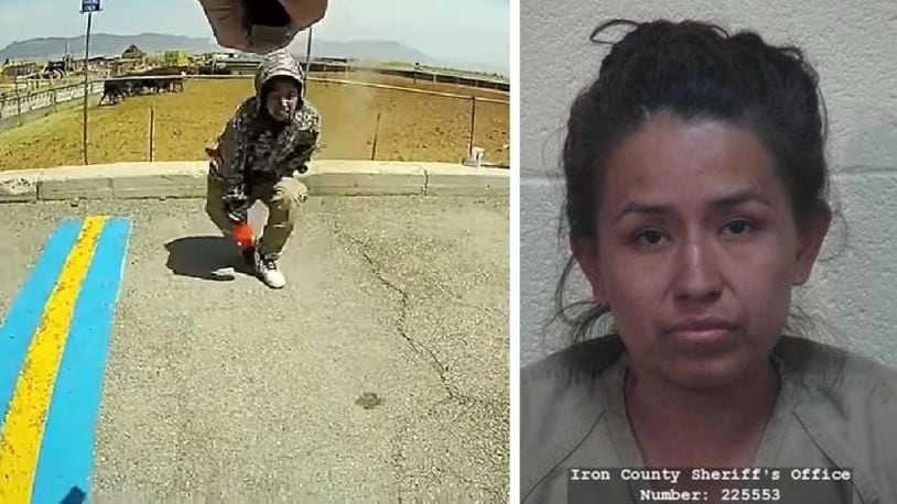 Ivonne Casimiro, 29, of Las Vegas, is seen wincing moments after being shot in the knee by Enoch, Utah, police Cpl. Jeremy Dunn on June 28, 2018, at a truck stop in Parowan, Utah. Casimiro, who had a screwdriver in hand and refused to drop  it, was one of three people suspected of burglarizing vehicles in the business’s parking lot.