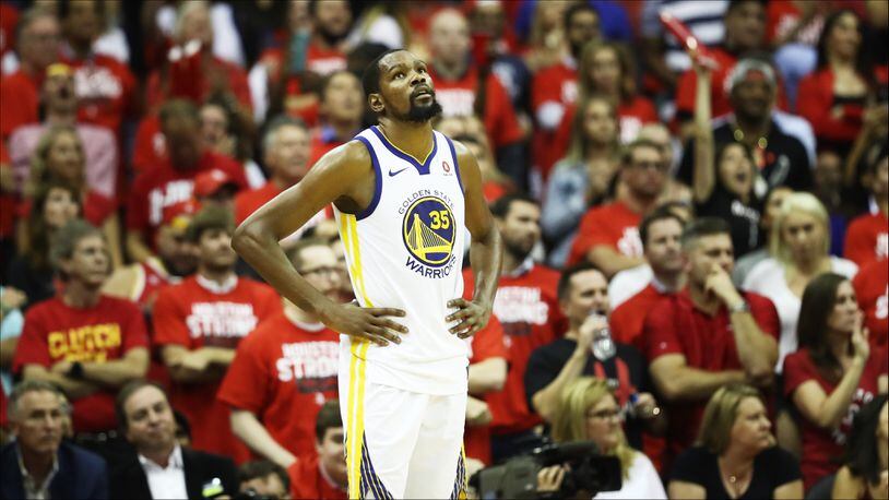 HOUSTON, TX - MAY 24:  Kevin Durant #35 of the Golden State Warriors reacts late in the fourth quarter of Game Five of the Western Conference Finals of the 2018 NBA Playoffs against the Houston Rockets at Toyota Center on May 24, 2018 in Houston, Texas.  (Photo by Ronald Martinez/Getty Images)