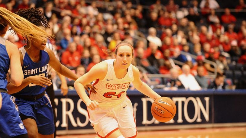 UD senior Lauren Cannatelli scored a game-high 23 points in the Flyers’ 73-57 victory over Saint Louis on Senior Day at UD Arena. Greg Billing / Contributed
