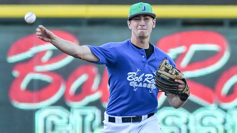 Chaminade Julienne High School shortstop Ryan Peltier throws to first base during the Bob Ross Classic on Saturday night at Fifth Third Field. Peltier hit .337 for the Eagles last season and was first team all-Greater Catholic League Co-Ed. BRYANT BILLING / CONTRIBUTED