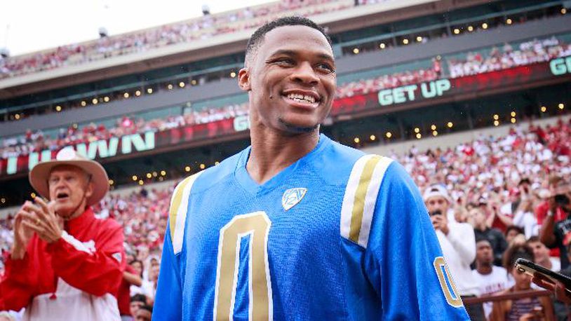 Former UCLA Bruin and Oklahoma City Thunder point guard Russell Westbrook at Gaylord Family Oklahoma Memorial Stadium on Sept. 8, 2018, in Norman, Oklahoma. (Photo by Brett Deering/Getty Images)
