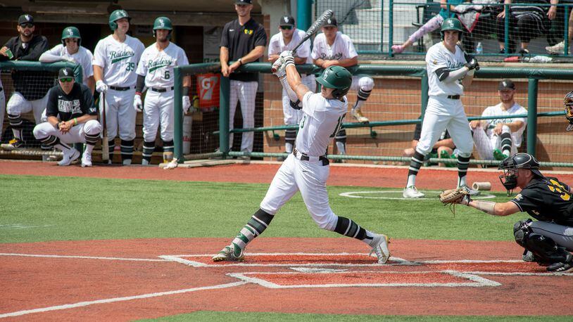 Wright State’s Seth Gray takes a cut during a Horizon League tournament game last month vs. Northern Kentucky. CONTRIBUTED