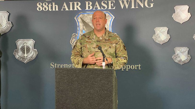 Col. Patrick Miller, 88th Air Base Wing and installation commander, leads a COVID-19 virtual town hall and situation update on April 14 from Wright-Patterson Air Force Base. U.S. AIR FORCE PHOTO/CHRISTOPHER WARNER