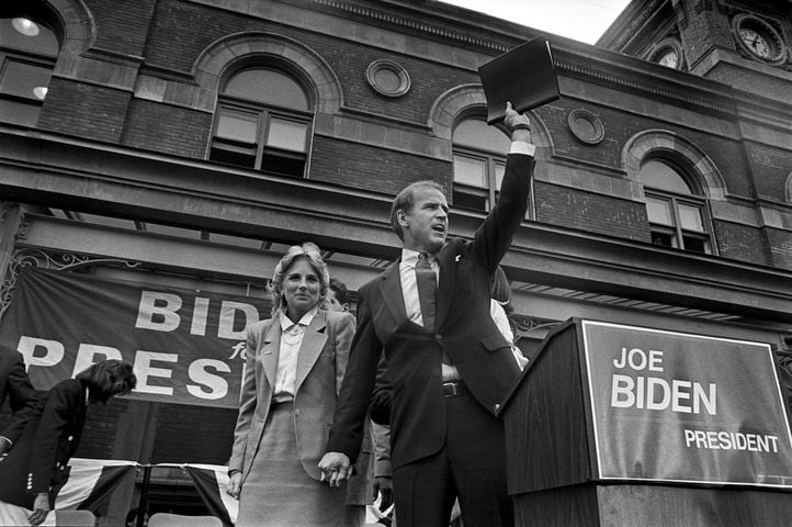 FILE -- Sen. Joe Biden (D-Del.) and his wife, Jill, at the announcement of his candidacy for president in Wilmington, Del., June 9, 1987. Biden has spent his career devoted to institutions and relationships. And those are the tools he will rely on to govern a fractured nation. (Keith Meyers/The New York Times)
