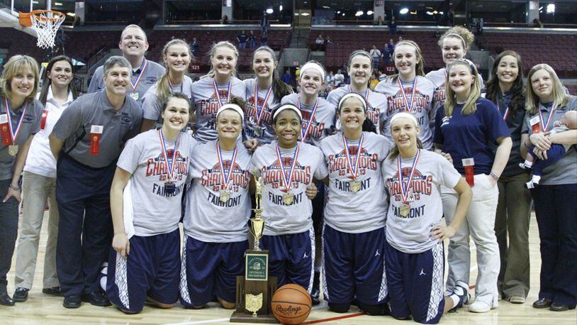 Stars of Fairmont’s 2013 girls state championship basketball team included Kathryn Westbeld (kneeling, far left), Chelsea Welch (kneeling, middle), and Makayla Waterman (kneeling, second from right). FILE