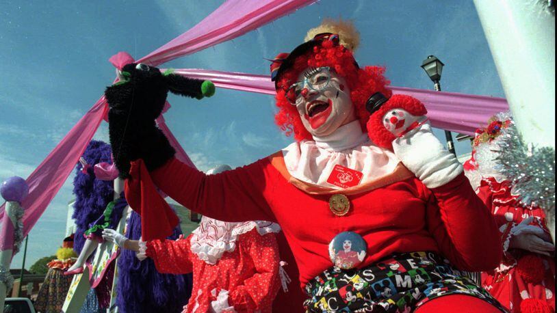 Piqua, Ohio, held its annual Great Outdoor Underwear Festival in 1996. Many people walked the main street of Piqua wearing their longjohns, including this clown who was on a float in the parade Sunday, Oct. 13, 1996. Other events included the Undy 500 (a go-kart race), an undy celebrity auction (which included the auctioning of a pair of boxer shorts signed by presidential candidate Bob Dole), and the drop seat trot (a five-mile foot race). The festival celebrates Piqua's heritage of being the center of underwear manufacturing. (AP Photo/Call, Tariq Zehawi)