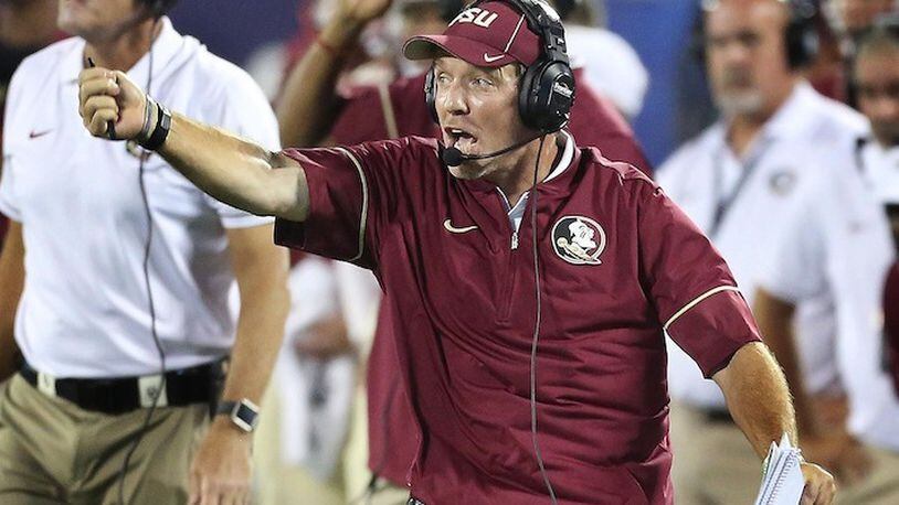 FSU head coach Jimbo Fisher yells during the Florida State versus University of Mississippi college football game at Camping World Stadium in Orlando on Monday, September 5, 2016. (Stephen M. Dowell/Orlando Sentinel/TNS)