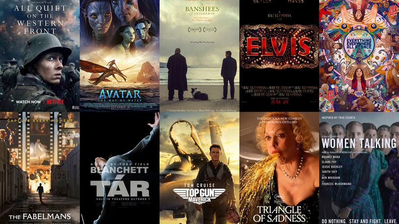 This combination of photos shows promotional art for Oscar nominees for best feature, top row from left, "All Quiet on the Western Front," "Avatar: The Way of Water," "The Banshees of Inisherin," "Elvis," "Everything Everywhere All at Once," bottom row from left, "The Fabelmans," "Tár," "Top Gun: Maverick," "Triangle of Sadness," and "Women Talking." (Netflix/Disney/Searchlight/Warner Bros./A24/Universal/Focus/Paramount/Neon/Orion-United Artists via AP)