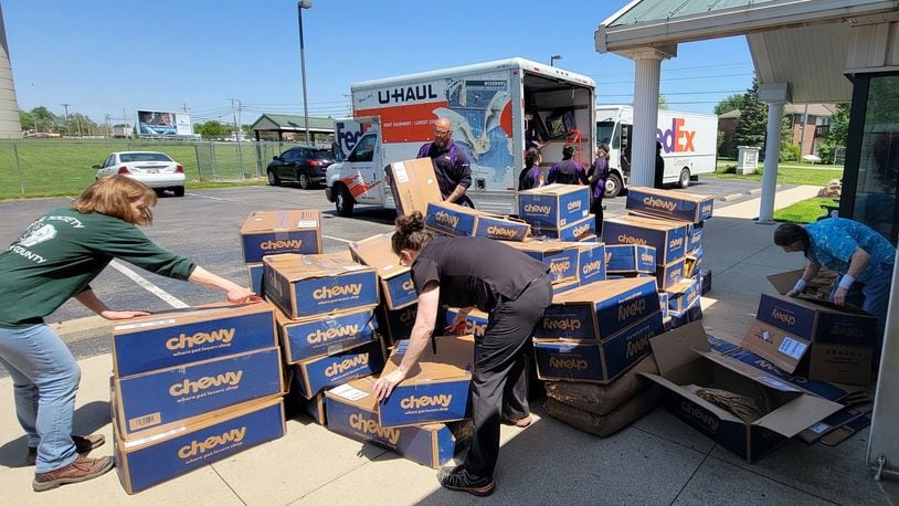 FedEx delivered 250 Chewy boxes containing 9,000 pounds of adult dog food Wednesday, May 10, 2023, to the Humane Society of Preble County in Eaton. The shelter was nearly out of food and made a public plea for help but now has more than a year's supply with shipments that arrived Tuesday and are still in transit. CONTRIBUTED