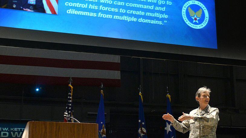 Gen. Ellen Pawlikowski, Air Force Materiel Command commander, gives remarks during an AFMC commander’s call inside the National Museum of the United States Air Force at Wright-Patterson Air Force Base, Nov. 7, 2017. She talked about the command’s goals, international threats and challenges that AFMC will encounter in fiscal year 2018. (U.S. Air Force photo/Al Bright)