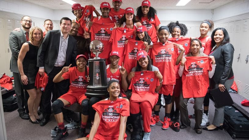The Ohio State women’s basketball team poses with the Big Ten championship trophy (Courtesy OSU Athletics Communications).