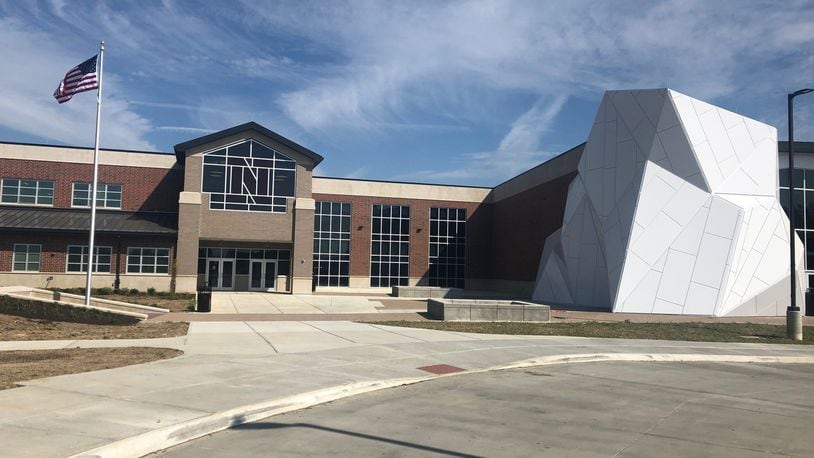 The main entrance of the new Northridge preK-12 school campus includes a red “N” embedded in the glass above the doors on Timber Lane, just off North Dixie Drive. The 2019-20 school year, delayed by construction of the school building as well as fallout from the Memorial Day tornado, begins on Sept. 23. JEREMY P. KELLEY / STAFF