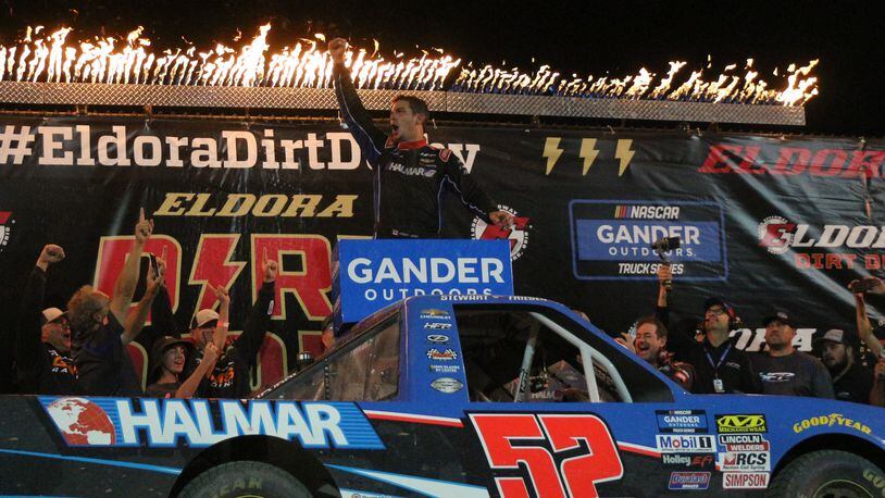 Stewart Friesen led the final 54 laps to win the Dirt Derby at Eldora Speedway for his first NASCAR Gander Outdoors Truck Series victory on Thursday. Greg Billing / Contributed