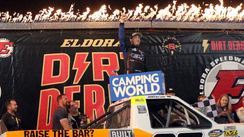 Chase Briscoe celebrates his win Wednesday night in a Camping World Truck Series race at Eldora Speedway. Greg Billing/CONTRIBUTED