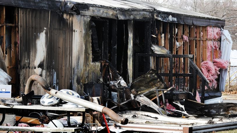 Fire crews from multiple departments responded to a fire late Thursday night, Jan. 26, 2023, that destroyed a mobile home and its contents on Travelo Drive in Riverside. MARSHALL GORBY\STAFF