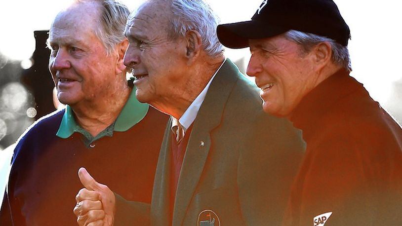 Honorary Starters Jack Nicklaus, left, Arnold Palmer, center and Gary Player, right, pose for photographs at Augusta National Golf Club on April 7, 2016 Augusta, Ga. (Jeff Siner/Charlotte Observer/TNS)