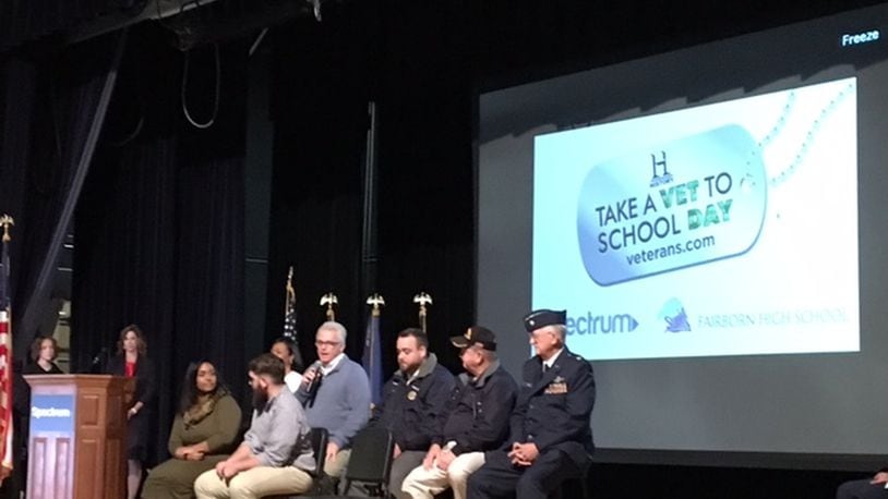 Seven veterans answered student questions at the “Take a Veteran to School Day” at Fairborn High School on Nov. 8, 2017. BARRIE BARBER/STAFF