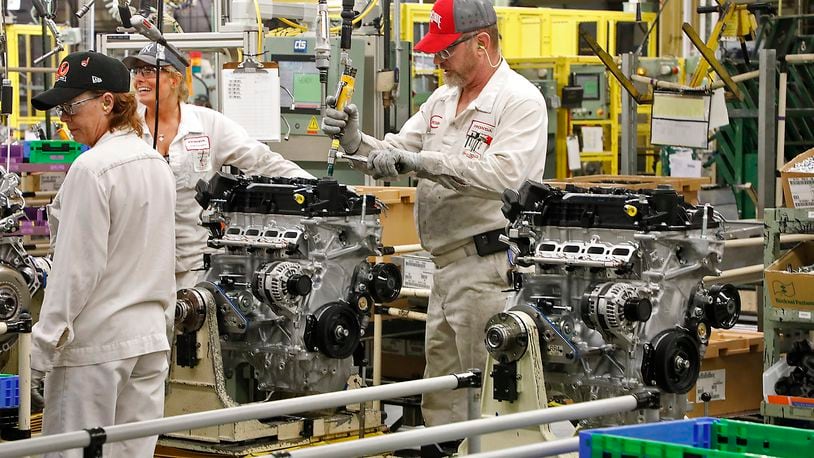 Honda associates assemble engines on the line at the engine plant in Anna in October 2017. Bill Lackey/Staff