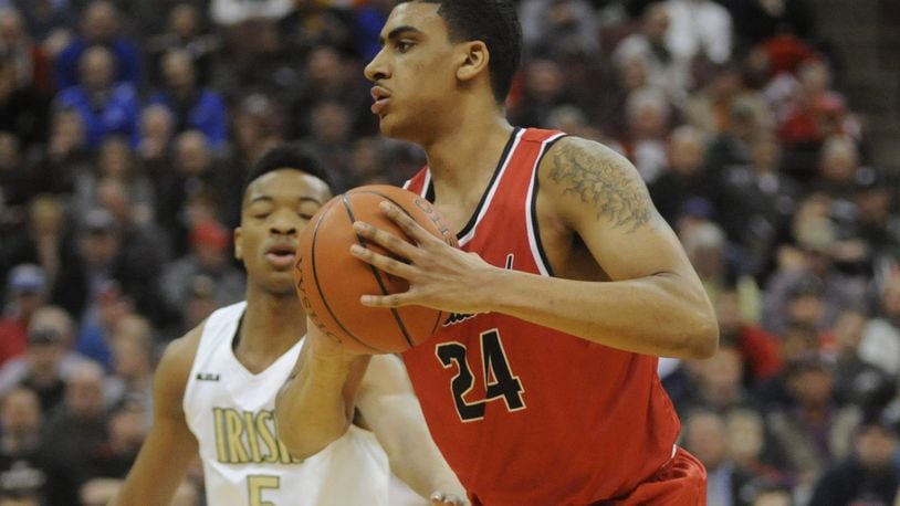 Trotwood-Madison senior Torrey Patton set a D-II state semifinal record by scoring 34 points in a 62-60 loss to Akron St. Vincent-St. Mary in a boys high school basketball Division II state semifinal game at OSU’s Schottenstein Center in Columbus on Thursday, March 23, 2017. MARC PENDLETON / STAFF