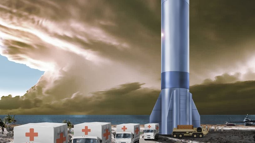 : “Rocket Cargo would enable rapid delivery of aircraft-size payloads for agile global logistics such as urgent humanitarian assistance and disaster response. (U.S. Air Force illustration/Randy Palmer)”