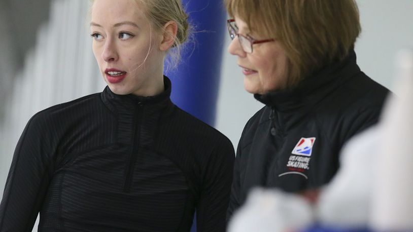 Olympic ice skater Bradie Tennell, left, speaks with her coach, Denise Myers, during practice at the Twin Rinks Ice Pavilion in Buffalo Grove, Ill., on January 29, 2018. Tennell will represent the United States in the 2018 Winter Olympic Games in Pyeongcheng, South Korea. (Stacey Wescott/Chicago Tribune/TNS)