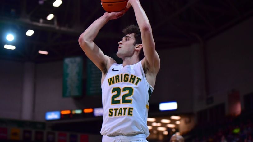 Wright State's Andrew Welage takes a shot during a Horizon League quarterfinal vs. Oakland at the Nutter Center last season. Welage scored a career-high 25 points on Thursday night vs. Indiana. Wright State Athletics photo