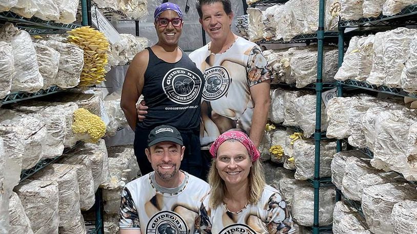 Guided by Mushrooms founders, who are surrounded by their product, are Audra and David Sparks (back row) and Michael Goldstick and Amy Cox (front row). CONTRIBUTED