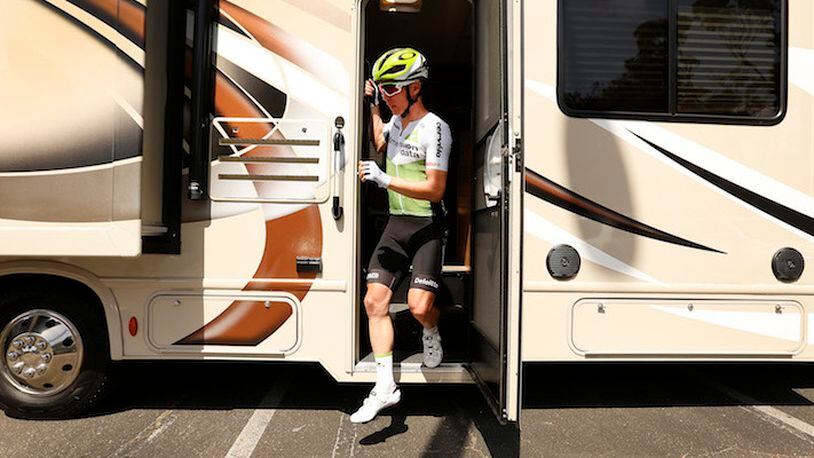 Tom-Jelte Slagter with Team Dimension Data comes out of the team camper in a Ventura hotel parking lot near the starting line, prepared to mount his bike with nearly 117 riders as they will cruise through Ventura in Stage 2 of the 2018 Amgen Tour of California on May 14, 2018. (Al Seib/Los Angeles Times/TNS)