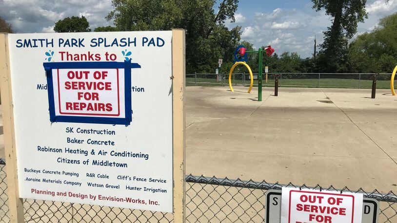 The splash pad at Middletown’s Smith Park is closed for repairs. NICK GRAHAM/STAFF