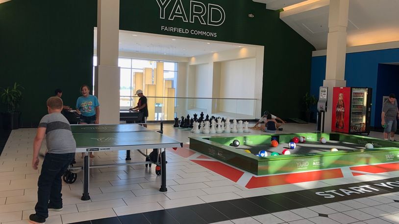 The Yard at the Mall at Fairfield Commons has ping pong, cornhole, oversized chess, Jenga, Connect Four and soccer pool.