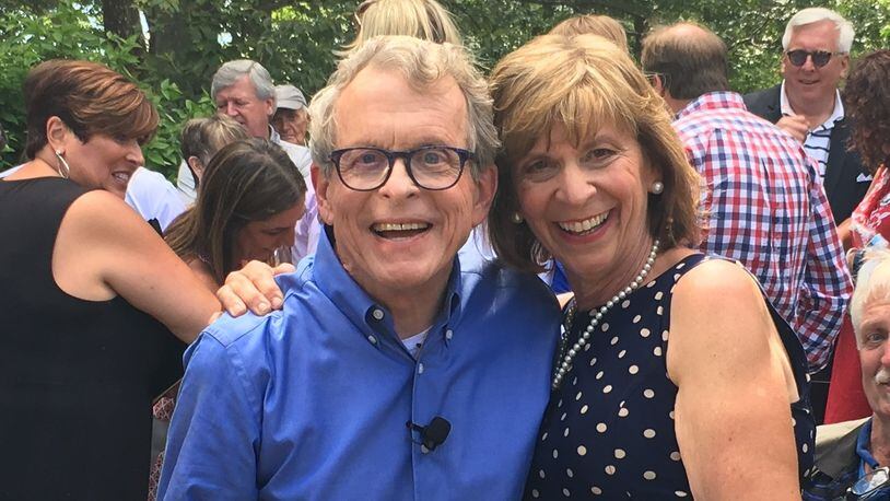 Mike DeWine and his wife, Fran, just after his announcement that he’s running for governor Sunday in Cedarville. Photo by Lynn Hulsey