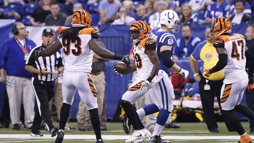 INDIANAPOLIS, IN - AUGUST 31: Tony McRae #29 of the Cincinnati Bengals celebrates after an interception in the first half of a preseason game against the Indianapolis Colts at Lucas Oil Stadium on August 31, 2017 in Indianapolis, Indiana. (Photo by Joe Robbins/Getty Images)