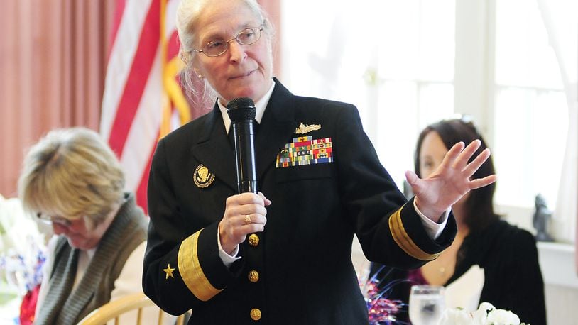 Retired U.S Navy Rear Admiral Deborah A. Loewer special guest speaker at the Woman's Town Club in Springfield as part of the Women's History Month. A graduate of Springfield Shawnee High School and Wright State University. As one of the first women officers assigned shipboard duty, then Lieutenant , junior grade Lower served on the destroyer tender USS Yosemite AD-19 as electrical division officer, operations officer, navigator and administrative officer. On September 11, 2001 traveling with President George W. Bush to an elementary school in Florida informed the President of the first aircraft that crashed into the World Trade Center Contributed Photo by Charles Caperton