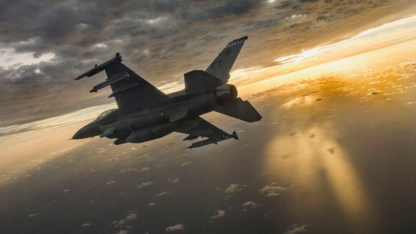 A F-16 Fighting Falcon flies during a mission at Eglin Air Force Base, Fla., Feb. 14, 2019.