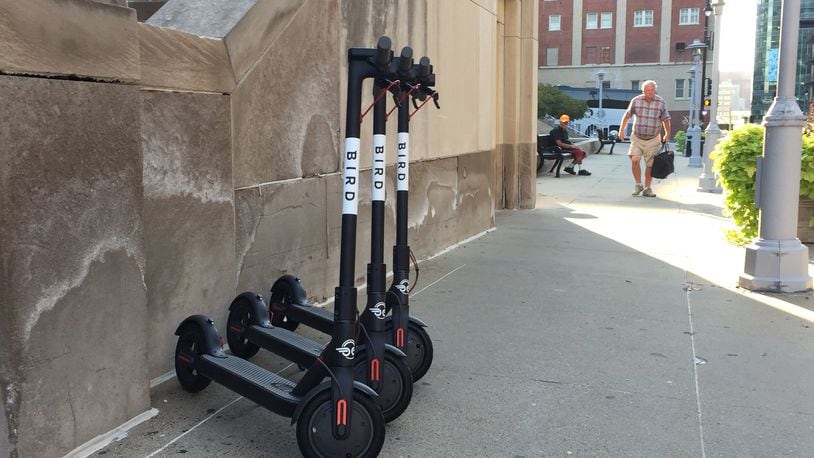 Bird electric scooters showed up in downtown, the Crossroads and River Market on Wednesday morning. (Kelsey Ryan/Kansas City Star/TNS)
