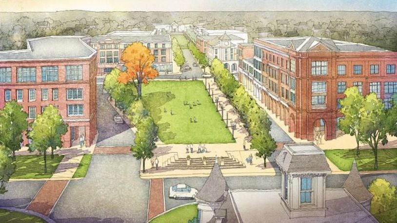 This rendering shows the view from atop Marble Hall, the oldest building on the Otterbein retirement campus in Warren County, looking across Ohio 741 at the downtown area of the Union Village development. Construction is to begin early next year here and on the other side of the 1,400-acre property on the Warren County Sports Park at Union Village.