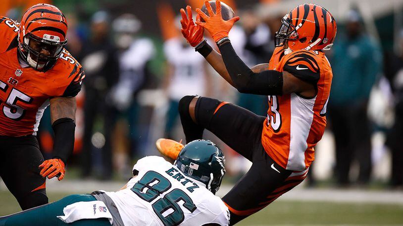 CINCINNATI, OH - DECEMBER 4: George Iloka #43 of the Cincinnati Bengals breaks up a pass intended for Zach Ertz #86 of the Philadelphia Eagles during the fourth quarter at Paul Brown Stadium on December 4, 2016 in Cincinnati, Ohio. (Photo by Gregory Shamus/Getty Images)