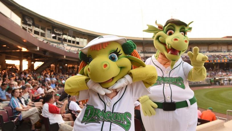 Dayton Dragon mascots Gem (left) and Heater. CONTRIBUTED