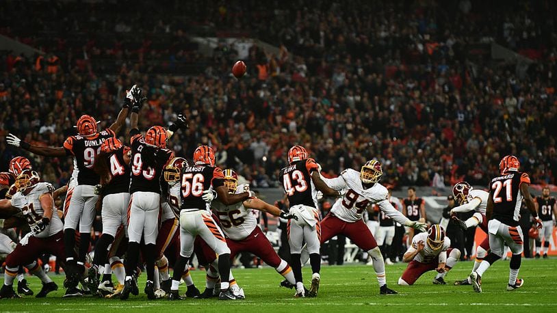 LONDON, ENGLAND - OCTOBER 30: Dustin Hopkins #3 of the Washington Redskins misses a field goal to win the game in overtime during the NFL International Series Game between Washington Redskins and Cincinnati Bengals at Wembley Stadium on October 30, 2016 in London, England. (Photo by Dan Mullan/Getty Images)