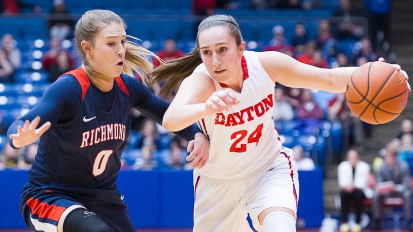 Dayton sophomore guard Lauren Cannatelli dribbles with pressure from Richmond’s Kylie Murphree during an Atlantic 10 game Feb. 8, 2017, at UD Arena. FILE PHOTO