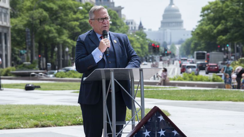 IMAGE DISTRIBUTED FOR PEPSICO - Rep. Mike Bost, R-Ill., speaks during a "Rolling Remembrance" flag relay event benefitting Children of Fallen Patriots Foundation on Wednesday, May 17, 2023 in Washington. (Kevin Wolf/AP Images for PepsiCo)
