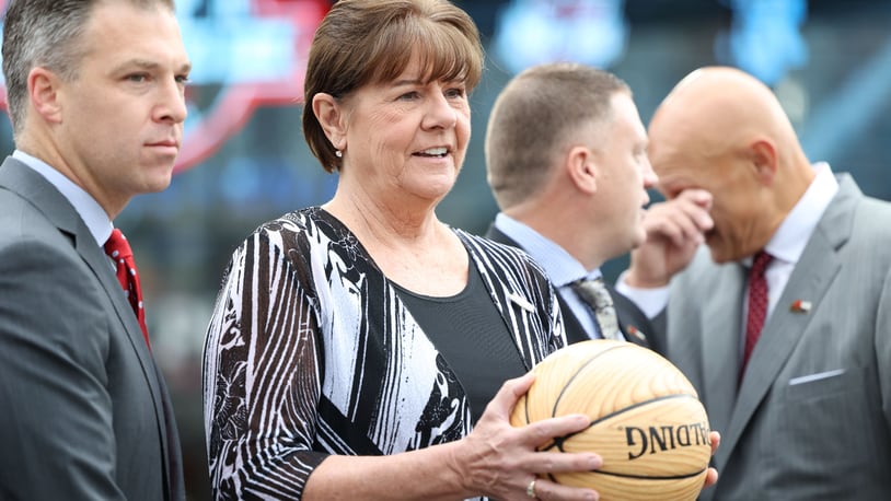 Commissioner Bernadette V. McGlade poses for a photo with coaches at Atlantic 10 Conference Media Day on Thursday, Oct. 13, 2022, at the Barclays Center in Brooklyn, N.Y. David Jablonski/Staff